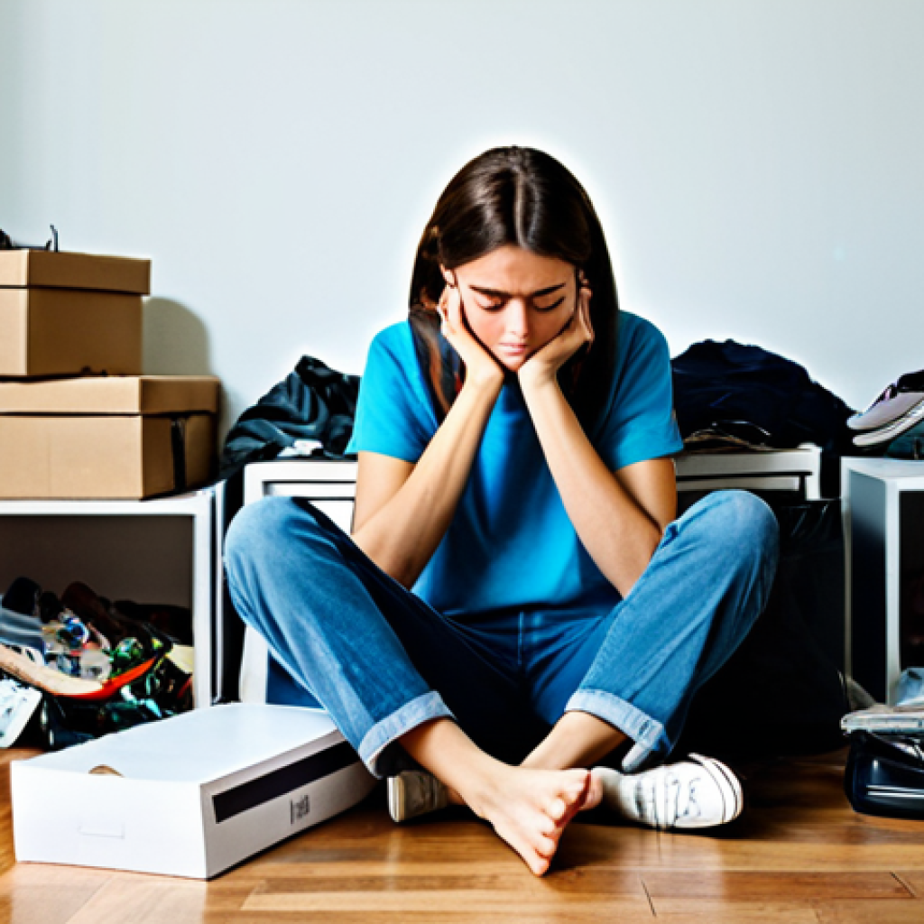 A young adult in modest casual clothing sits thoughtfully amidst a modern, cluttered apartment living room, surrounded by numerous unopened shopping bags, unused electronic gadgets in boxes, and piles of fashionable but unworn clothes. The scene conveys a subtle sense of overwhelm and the unfulfilled promise of material accumulation. The lighting is soft but highlights the excessive clutter. Professional photography, high resolution, perfect anatomy, correct proportions, natural pose, well-formed hands, proper finger count, natural body proportions, fully clothed, appropriate attire, safe for work, appropriate content, family-friendly.