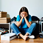 A young adult in modest casual clothing sits thoughtfully amidst a modern, cluttered apartment living room, surrounded by numerous unopened shopping bags, unused electronic gadgets in boxes, and piles of fashionable but unworn clothes. The scene conveys a subtle sense of overwhelm and the unfulfilled promise of material accumulation. The lighting is soft but highlights the excessive clutter. Professional photography, high resolution, perfect anatomy, correct proportions, natural pose, well-formed hands, proper finger count, natural body proportions, fully clothed, appropriate attire, safe for work, appropriate content, family-friendly.