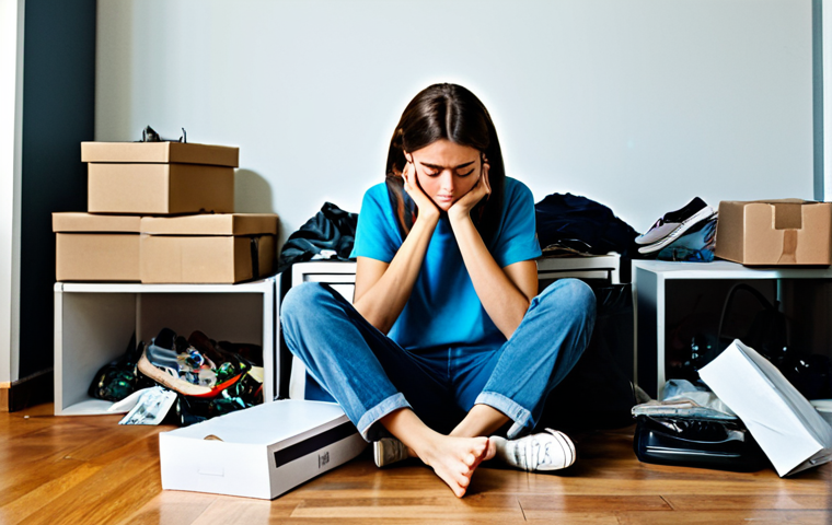 A young adult in modest casual clothing sits thoughtfully amidst a modern, cluttered apartment living room, surrounded by numerous unopened shopping bags, unused electronic gadgets in boxes, and piles of fashionable but unworn clothes. The scene conveys a subtle sense of overwhelm and the unfulfilled promise of material accumulation. The lighting is soft but highlights the excessive clutter. Professional photography, high resolution, perfect anatomy, correct proportions, natural pose, well-formed hands, proper finger count, natural body proportions, fully clothed, appropriate attire, safe for work, appropriate content, family-friendly.