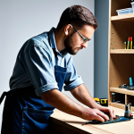 A focused individual, fully clothed in a modest, practical work apron, meticulously repairing a small electronic device with a screwdriver on a clean, well-organized workbench. The background features shelves displaying neatly arranged second-hand items and tools, emphasizing durability and sustainable living. The person's posture is natural, showcasing perfect anatomy and correct proportions with well-formed hands and proper finger count. The image radiates a professional and resourceful atmosphere, safe for work, appropriate content, natural body proportions.