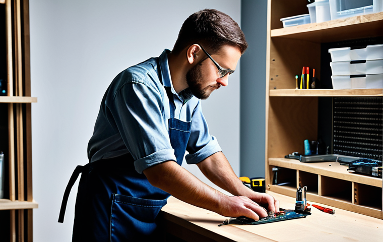 A focused individual, fully clothed in a modest, practical work apron, meticulously repairing a small electronic device with a screwdriver on a clean, well-organized workbench. The background features shelves displaying neatly arranged second-hand items and tools, emphasizing durability and sustainable living. The person's posture is natural, showcasing perfect anatomy and correct proportions with well-formed hands and proper finger count. The image radiates a professional and resourceful atmosphere, safe for work, appropriate content, natural body proportions.
