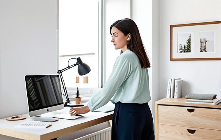 Minimalist Home Office**
"A bright, airy home office with minimal furniture. A woman in a modest, long-sleeved blouse and comfortable trousers works at a clean desk. Decluttered space, natural light. Focus on simplicity and calm. safe for work, appropriate content, fully clothed, professional, perfect anatomy, natural proportions, high quality."
**