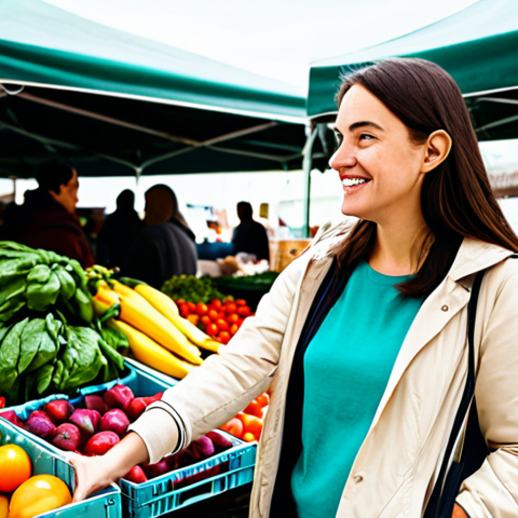 탈소비주의와 지속 가능한 소비 - Conscious Consumer**

A woman browsing products at a farmers market, holding a reusable shopping bag...