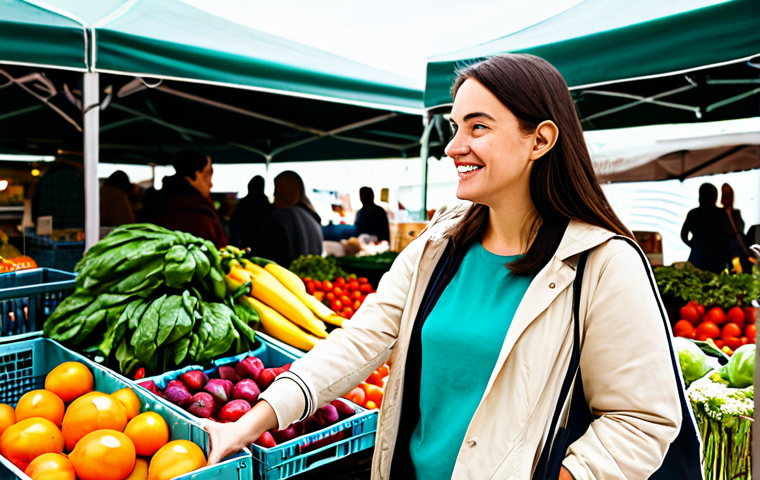 탈소비주의와 지속 가능한 소비 - Conscious Consumer**
A woman browsing products at a farmers market, holding a reusable shopping bag...