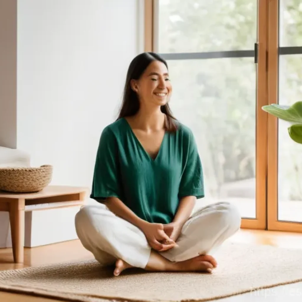 탈소비주의의 철학적 의미와 실천 - **Prompt:** A serene, minimalist living room bathed in warm, natural light. A woman, aged 30-40, sit...