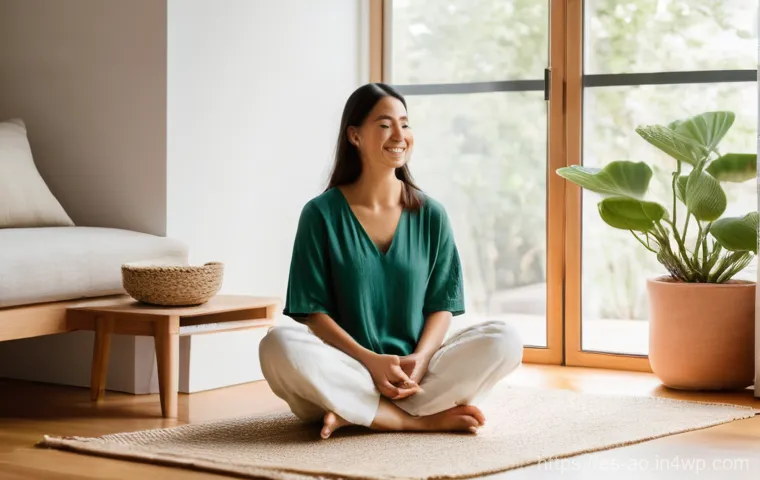 탈소비주의의 철학적 의미와 실천 - **Prompt:** A serene, minimalist living room bathed in warm, natural light. A woman, aged 30-40, sit...