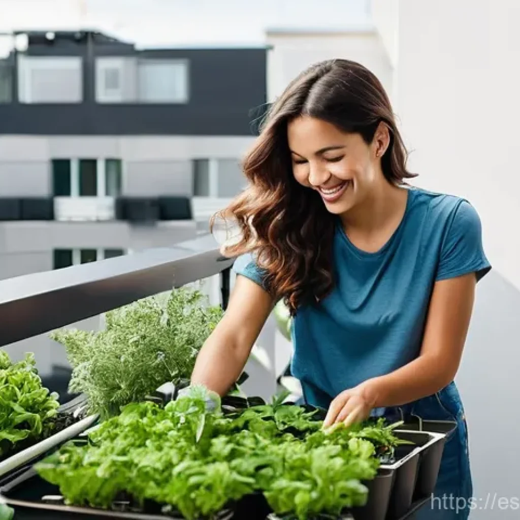 소비를 줄이기 위한 창의적 방법과 아이디어 - **Urban Balcony Garden & Healthy Cooking:** A cheerful young woman in her late 20s, dressed in a com...