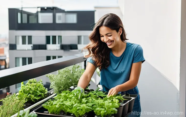 소비를 줄이기 위한 창의적 방법과 아이디어 - **Urban Balcony Garden & Healthy Cooking:** A cheerful young woman in her late 20s, dressed in a com...