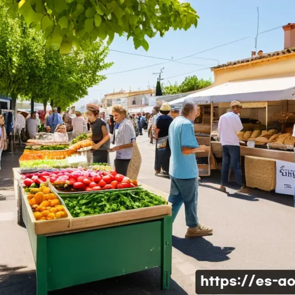 탈소비적 삶의 실천을 위한 커뮤니티 - A vibrant community outdoor market in a sunny Spanish neighborhood, featuring diverse local artisans...