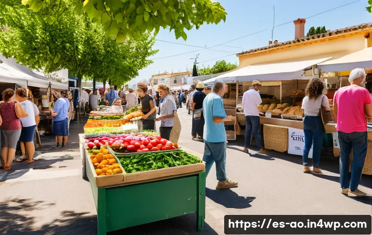 탈소비적 삶의 실천을 위한 커뮤니티 - A vibrant community outdoor market in a sunny Spanish neighborhood, featuring diverse local artisans...