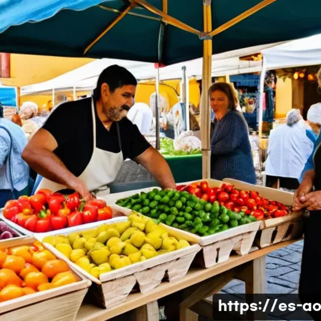 소비 지향 사회에서의 탈소비주의 필요성 - A cozy, sunlit local farmers market in a Spanish town square, featuring diverse stalls with fresh or...