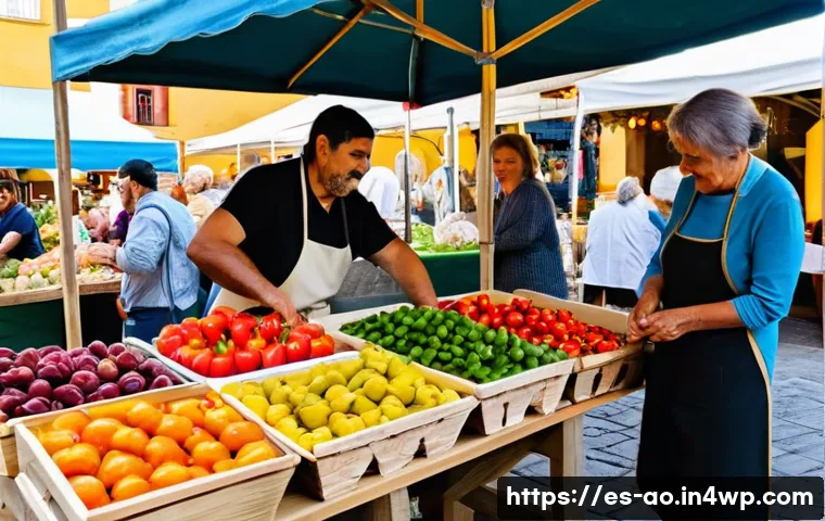 소비 지향 사회에서의 탈소비주의 필요성 - A cozy, sunlit local farmers market in a Spanish town square, featuring diverse stalls with fresh or...