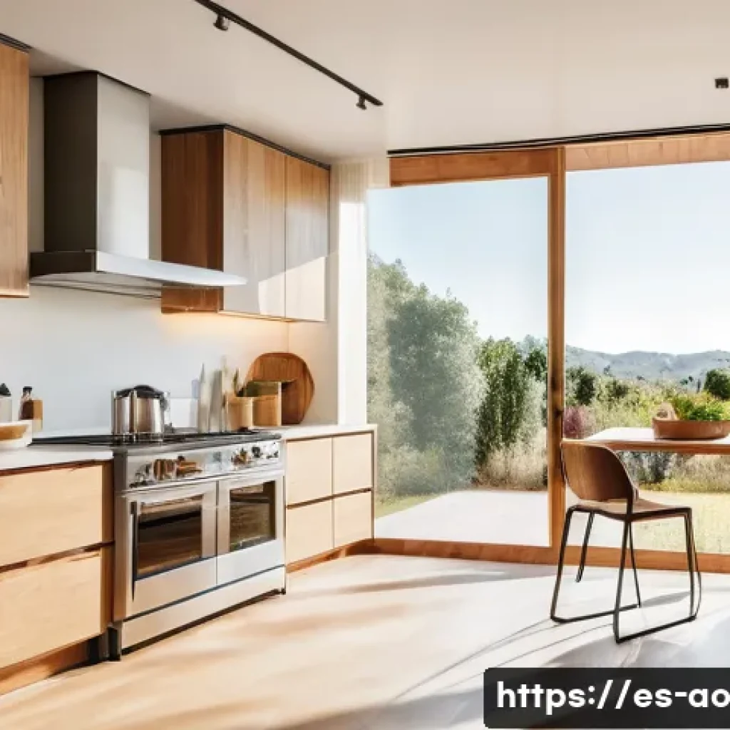 일상에서의 소비 줄이기 실천 사례 - A cozy, modern Spanish kitchen bathed in warm natural sunlight streaming through large windows with ...