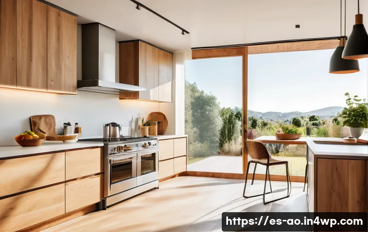 일상에서의 소비 줄이기 실천 사례 - A cozy, modern Spanish kitchen bathed in warm natural sunlight streaming through large windows with ...