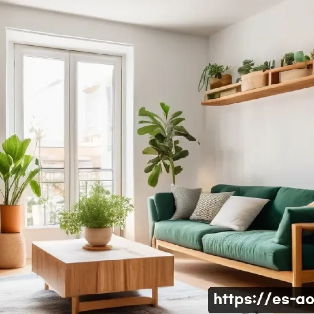 탈소비적 삶이 가져다주는 긍정적 영향 - A cozy, minimalist living room in a modern Spanish apartment, featuring natural light flooding throu...