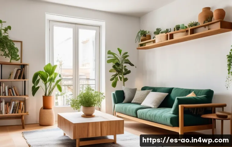 탈소비적 삶이 가져다주는 긍정적 영향 - A cozy, minimalist living room in a modern Spanish apartment, featuring natural light flooding throu...