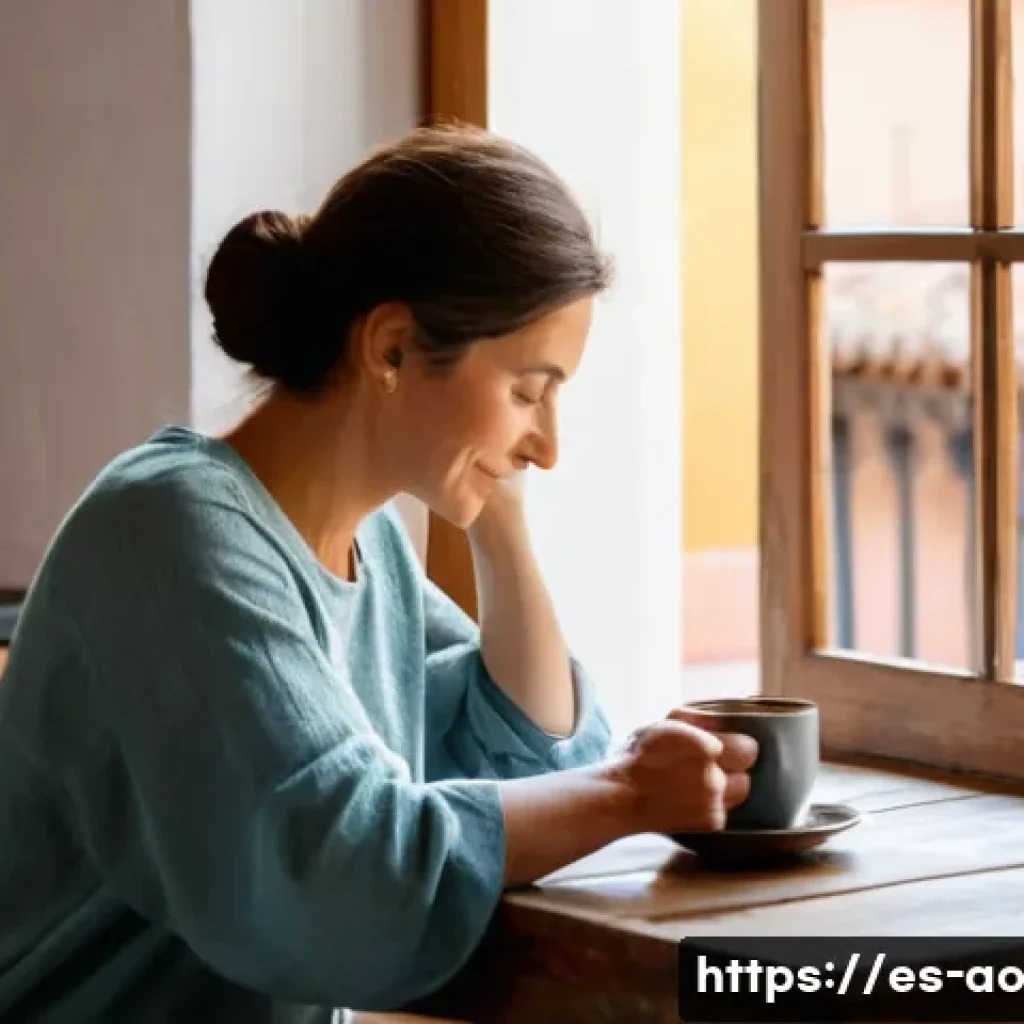 행복한 삶을 위한 비소비적 선택 - A serene early morning scene in a cozy Spanish kitchen with a middle-aged woman sitting at a rustic ...