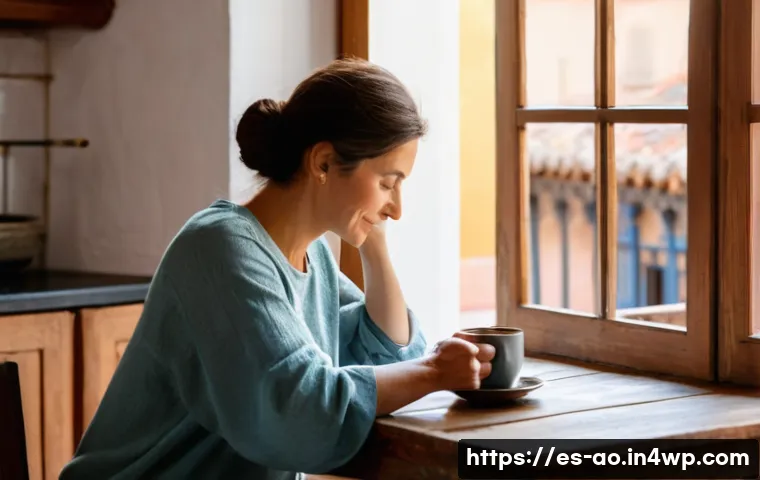 행복한 삶을 위한 비소비적 선택 - A serene early morning scene in a cozy Spanish kitchen with a middle-aged woman sitting at a rustic ...