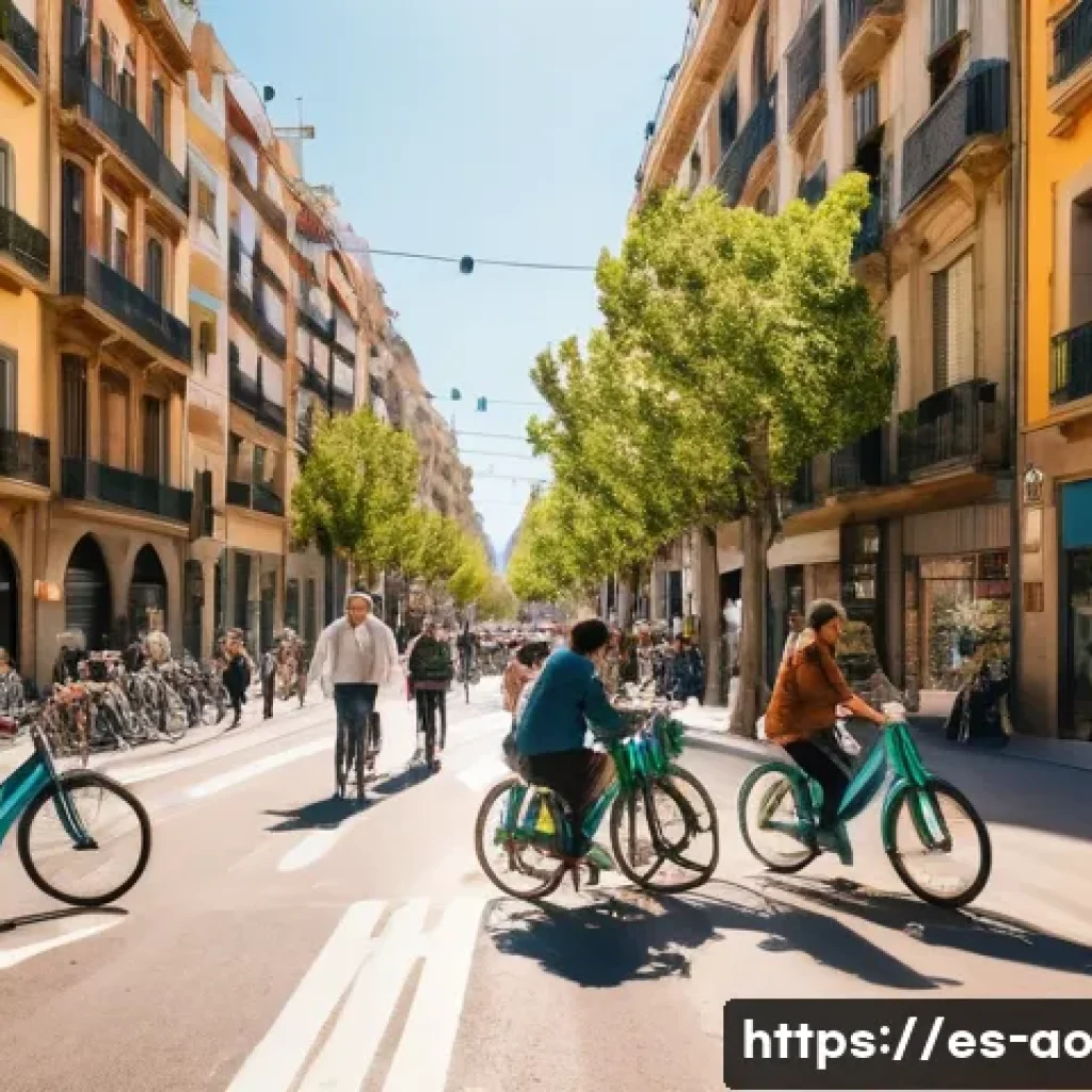 공유 경제와 탈소비주의의 조화 - A vibrant urban neighborhood in Barcelona featuring diverse residents engaging in a shared economy s...