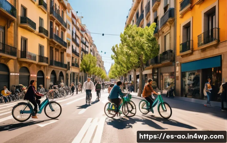 공유 경제와 탈소비주의의 조화 - A vibrant urban neighborhood in Barcelona featuring diverse residents engaging in a shared economy s...