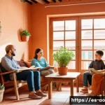 Home 22 소비주의에서 벗어나는 과정 - A cozy, sunlit living room in a typical Spanish home with warm terracotta walls and rustic wooden fu...