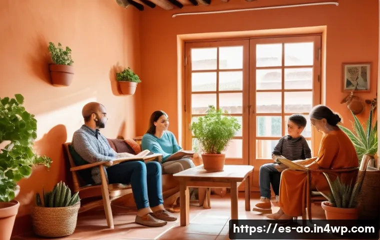 소비주의에서 벗어나는 과정 - A cozy, sunlit living room in a typical Spanish home with warm terracotta walls and rustic wooden fu...