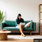 Home 21 탈소비주의의 철학적 배경과 실천 - A cozy, minimalist living room bathed in natural light, featuring sustainable wooden furniture and p...
