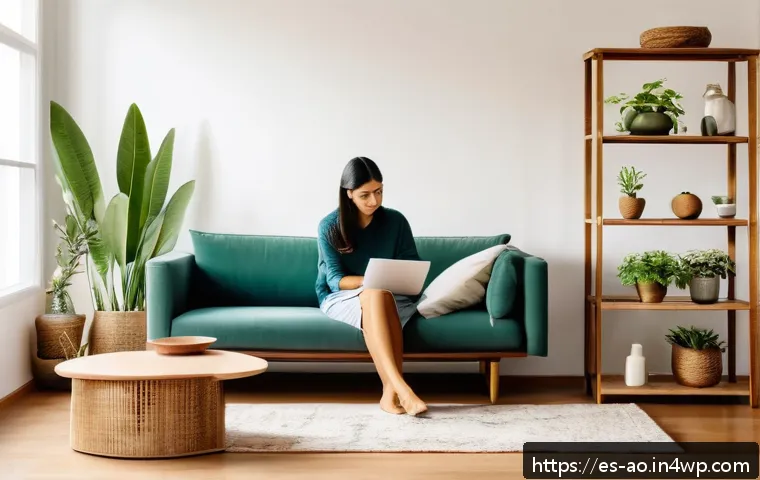 탈소비주의의 철학적 배경과 실천 - A cozy, minimalist living room bathed in natural light, featuring sustainable wooden furniture and p...