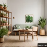 Home 20 행복으로 가는 탈소비적 길 탐구 - A serene, minimalist living room bathed in natural light with neutral tones and green plants, featur...