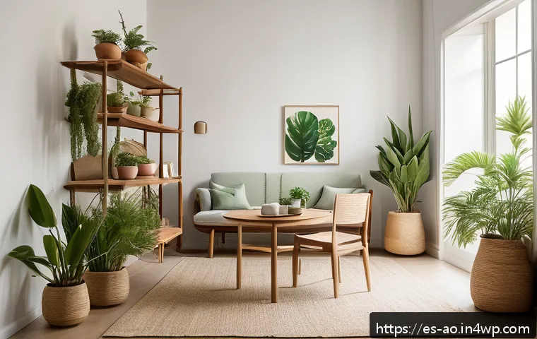 행복으로 가는 탈소비적 길 탐구 - A serene, minimalist living room bathed in natural light with neutral tones and green plants, featur...
