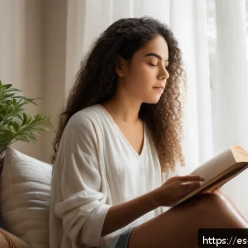 Home 31 행복을 위한 비소비적 목표 설정 - A serene indoor scene of a young Hispanic woman practicing daily introspection in a cozy, softly lit...