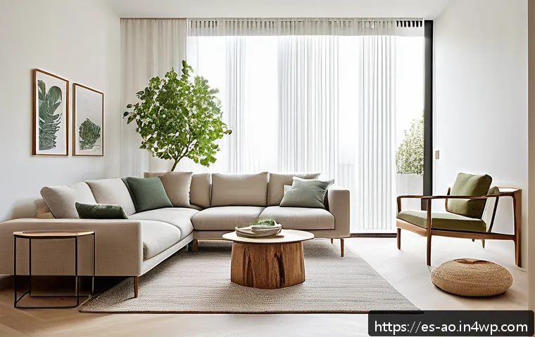 탈소비주의의 다양한 접근 방식 - A serene, minimalist living room in a modern Spanish apartment, featuring neutral tones and natural ...