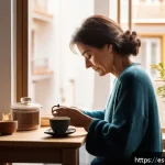 Home 23 소비 없는 일상에서의 행복 찾기 - A cozy morning scene in a modern Spanish apartment, featuring a middle-aged woman peacefully enjoyin...