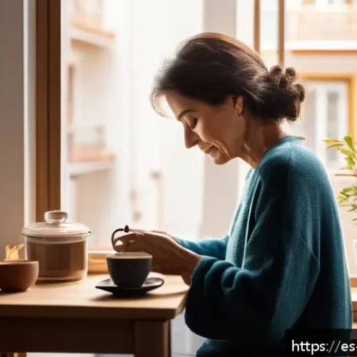 Home 17 소비 없는 일상에서의 행복 찾기 - A cozy morning scene in a modern Spanish apartment, featuring a middle-aged woman peacefully enjoyin...