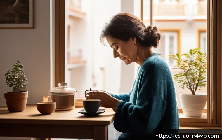 소비 없는 일상에서의 행복 찾기 - A cozy morning scene in a modern Spanish apartment, featuring a middle-aged woman peacefully enjoyin...