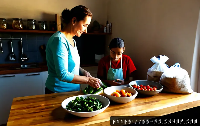 Home 31 소비 문화의 대안으로서의 탈소비주의 - Photorealistic sunlit apartment kitchen in Spain, a middle-aged woman and teenage daughter calmly pr...